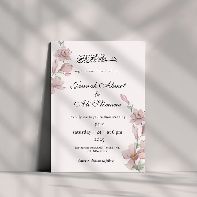 Elegant Soft Pink Magnolia Floral Muslim Wedding  Invitation (Creator Uploaded)