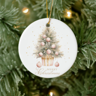 Elegant Soft Pink Merry Christmas Tree Photo Ceramic Tree Decoration