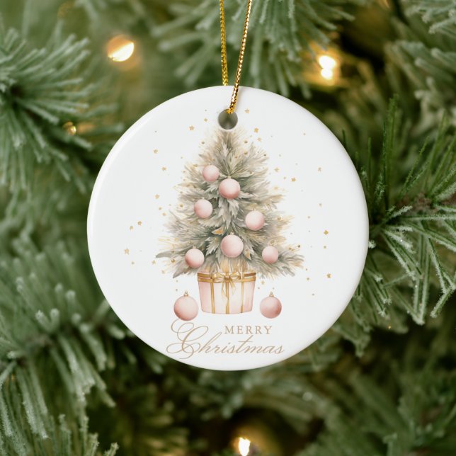 Elegant Soft Pink Merry Christmas Tree Photo Ceramic Tree Decoration (Tree)