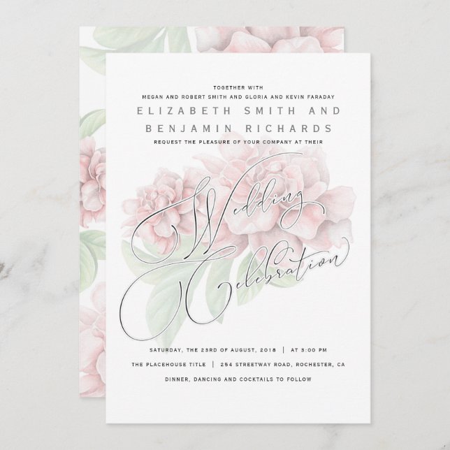Elegant Soft Pink Peony Floral Typography Wedding Invitation (Front/Back)