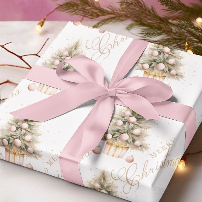 Elegant Soft Pink Watercolor Merry Christmas Tree Wrapping Paper (Creator Uploaded)