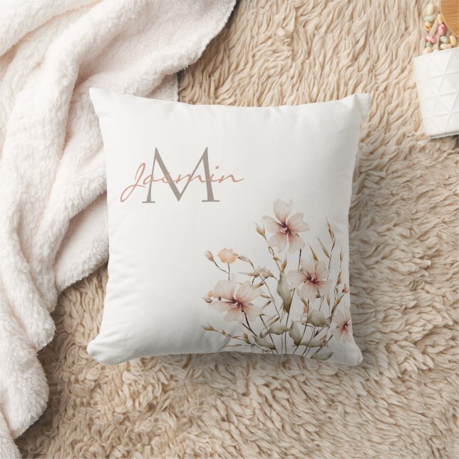 Elegant Soft Pink Wildflowers Monogram Cushion (Blanket)