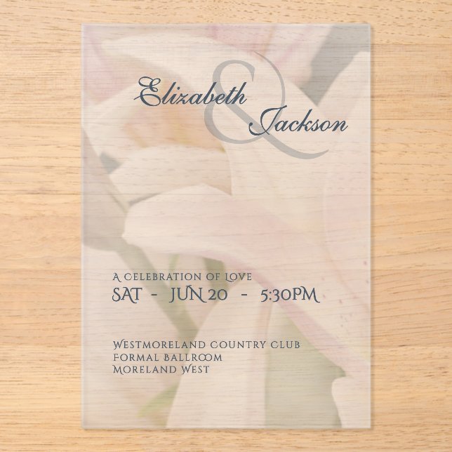 Elegant Soft Romantic Floral Lily Script Wedding Acrylic Invitations (Front)