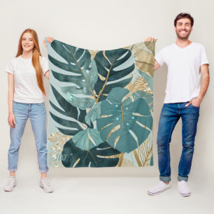 Elegant Soft Teal Monstera Botanical Fleece Blanket