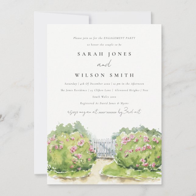 Elegant Soft Watercolor Cottage Garden Engagement Invitation (Front)