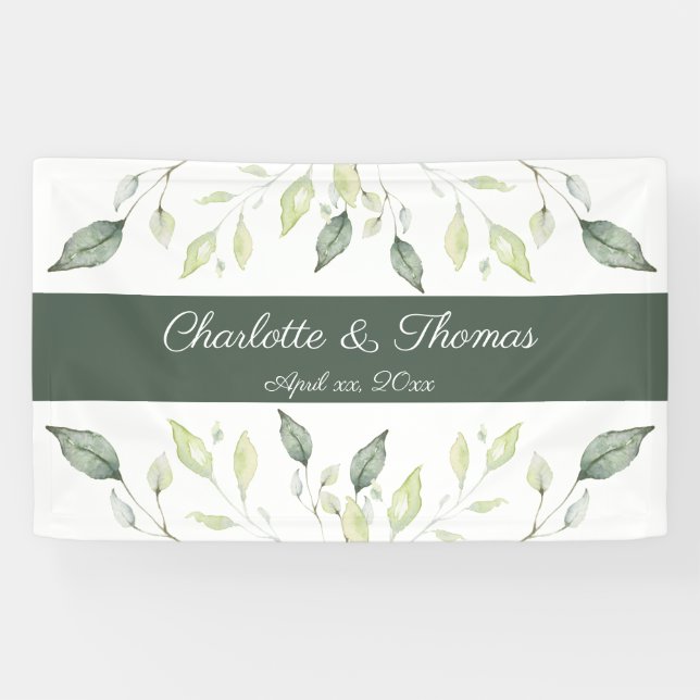 Elegant Soft Watercolor Green Leaves Wedding Banner (Horizontal)