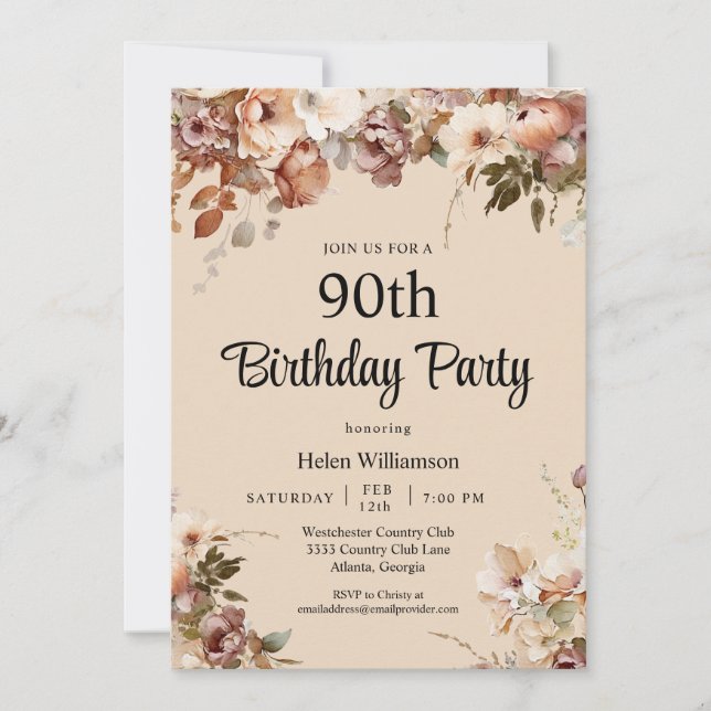 Elegant Soft Watercolor Pink Floral 90th Birthday Invitation (Front)