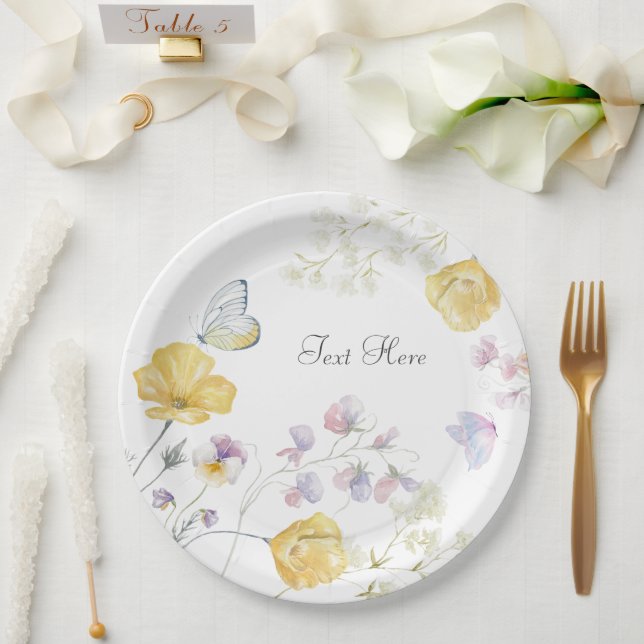Elegant soft wild floral butterfly paper plate (Wedding)
