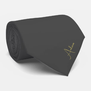 Elegant Solid Black Gold Script Name Neck Tie