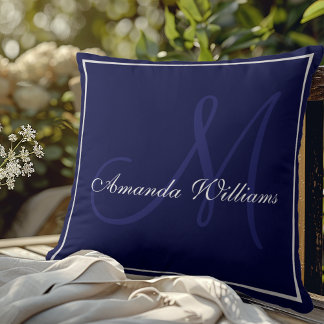 Elegant solid blue white initial monogram cushion