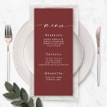 Elegant Solid Color Dark Wine Cinnamon Red Wedding Menu<br><div class="desc">Elegant Solid Color Dark Wine Cinnamon Red Wedding Menu. This modern chic Menu Card is simple classic and elegant with a plain solid color background and a pretty signature script calligraphy font with tails. Shown in the new Colorway. With a pretty monogram on the back side. Available in several color...</div>