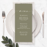 Elegant Solid Color Olive Lily Green Wedding Menu<br><div class="desc">Elegant Solid Color Olive Lily Green Wedding Menu. This modern chic Menu Card is simple classic and elegant with a plain solid color background and a pretty signature script calligraphy font with tails. Shown in the new Colorway. With a pretty monogram on the back side. Available in several color options,...</div>