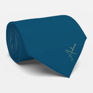 Elegant Solid Navy Blue Gold Script Name Tie