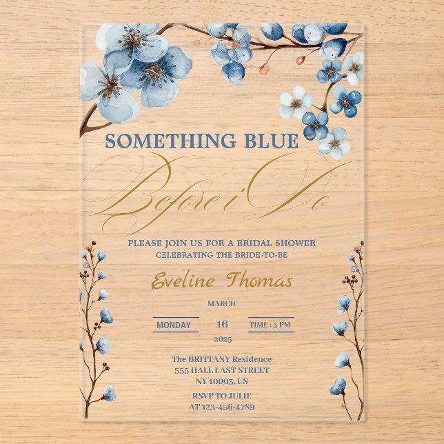 Elegant Something Blue Before I Do Bridal Shower  Acrylic Invitations (Front)