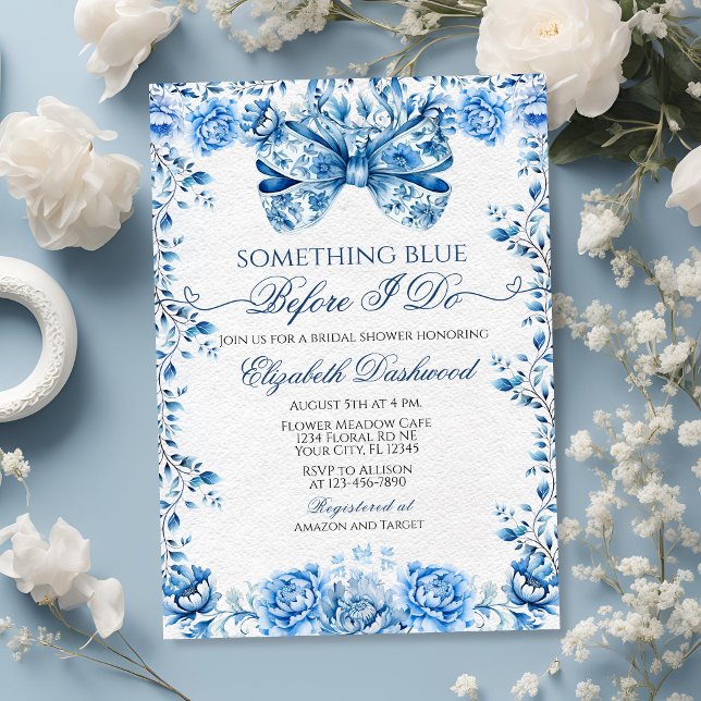 Elegant Something Blue Floral Bow Bridal Shower Invitation (Creator Uploaded)