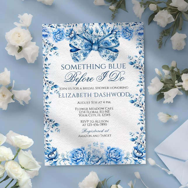 Elegant Something Blue Floral Bow Bridal Shower Invitation (Creator Uploaded)