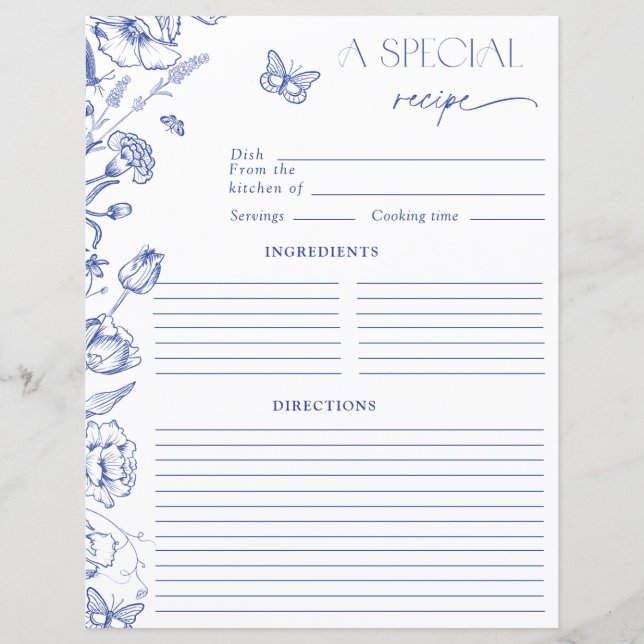Elegant Something Blue Floral Bridal Shower Recipe (Front)