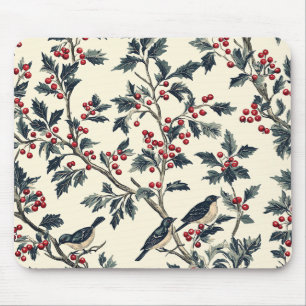 Elegant Songbird Winter Holly Cream Red Pattern Mouse Pad