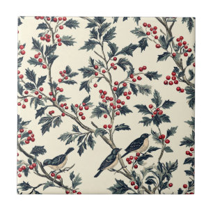 Elegant Songbird Winter Holly Cream Red Pattern Tile