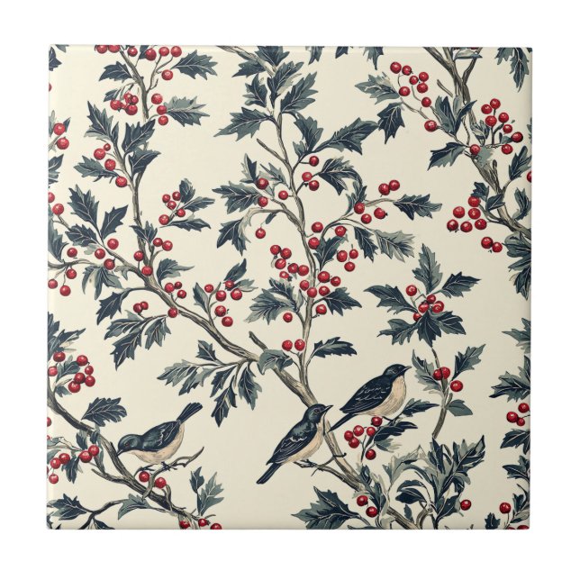 Elegant Songbird Winter Holly Cream Red Pattern Tile (Front)