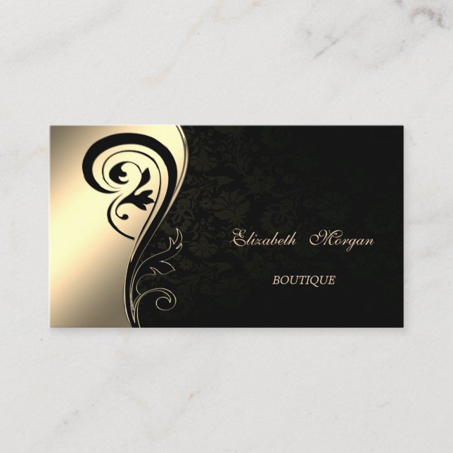 Elegant Sophisticated ,Black Damask, Gold Swirl Business Card (Front)