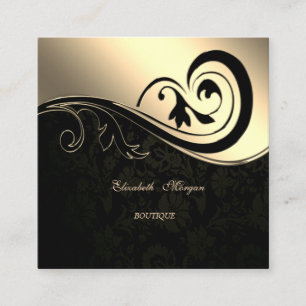 Elegant Sophisticated ,Black Damask, Gold Swirl Square Business Card