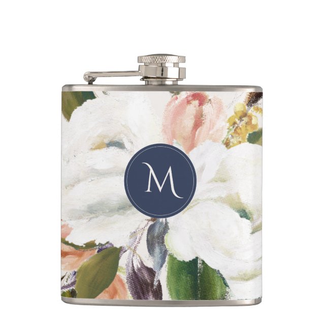 Elegant Sophisticated Botanical Floral Monogram Hip Flask (Front)