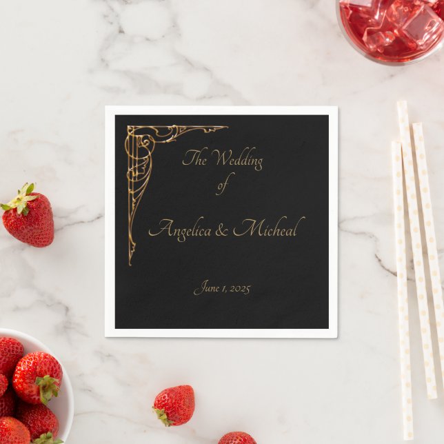 Elegant, Sophisticated Dramatic Black & Gold  Napkin (Insitu)