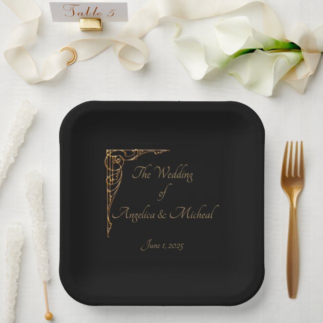 Elegant, Sophisticated Dramatic Black & Gold Paper Plate (Wedding)