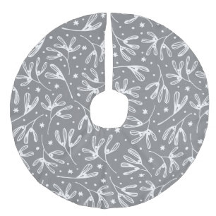 Elegant Sophisticated Grey White MIstletoe Pattern Faux Linen Tree Skirt