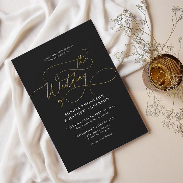 Elegant Sophisticated Script Black Gold Wedding Invitation (Creator Uploaded)