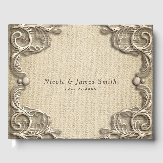 Elegant Southern Charm Rustic Burlap Lace Wedding Guest Book (Front)