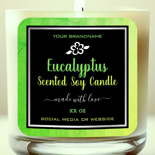 Elegant Soy Candles Product Packaging Green Black Square Sticker (Creator Uploaded)