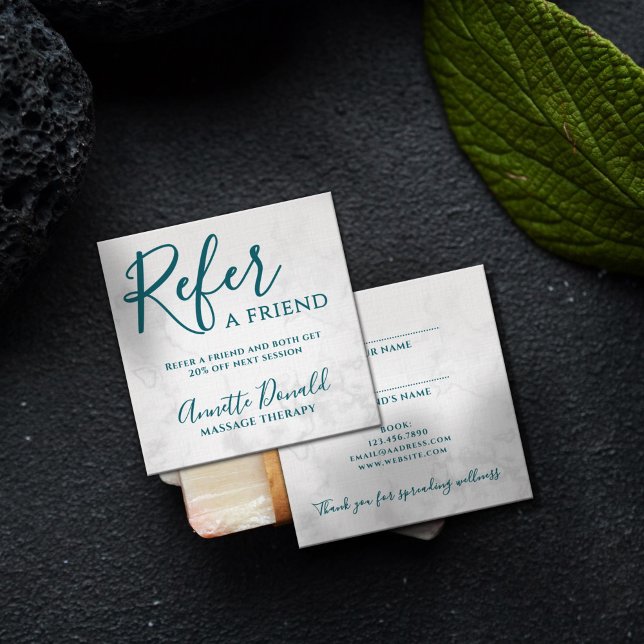 Elegant spa and wellness referral white marble  square business card (Creator Uploaded)
