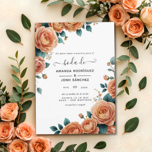 Elegant Spanish Coral Floral Spring Wedding Invitation