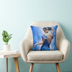Elegant Spanish Flamenco Dancer Lady In Blue Cushion