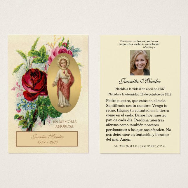 Elegant Spanish Jesus Roses Religious Prayer Card (Front & Back)