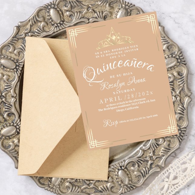 Elegant Spanish Quinceañera Mis Quince Beige Gold Invitation (Creator Uploaded)