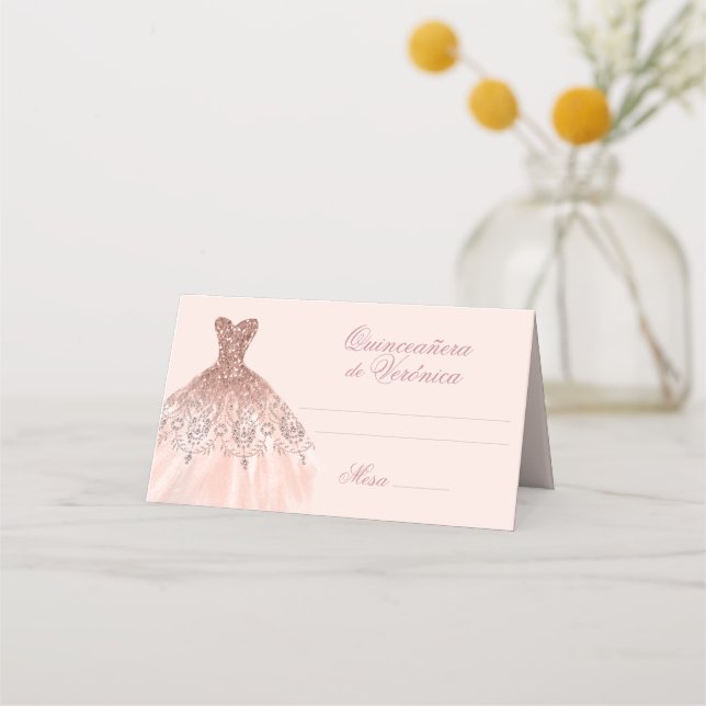 Elegant Spanish Quinceañera Mis Quince Pink Rose Place Card (Front)