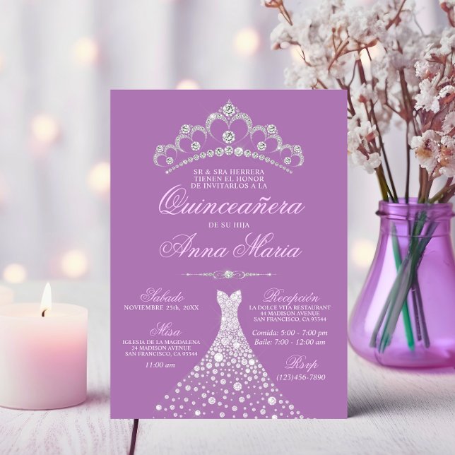Elegant Spanish Quinceañera Mis Quince Purple Invitation (Elegant Spanish Quinceañera Mis Quince Purple Invitation)