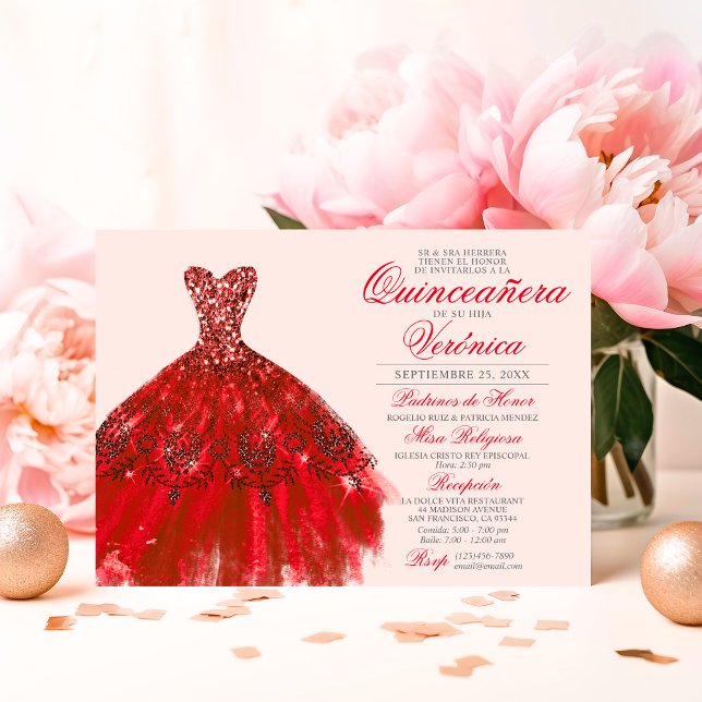 Elegant Spanish Quinceañera Mis Quince RED roses Invitation (Elegant Spanish Quinceañera Mis Quince RED roses Invitation)