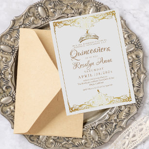 Elegant Spanish Quinceañera Mis Quince White Gold  Invitation