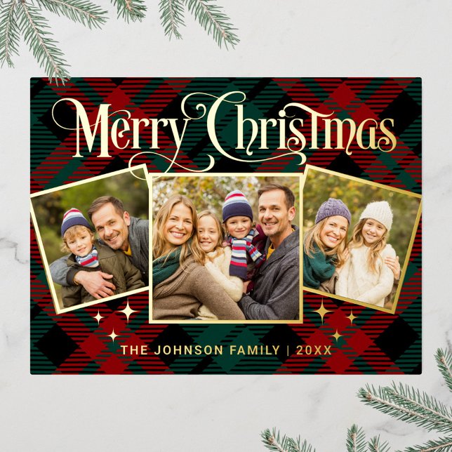Elegant Sparkle Christmas 3 PHOTO Greeting Gold Foil Holiday Postcard (Creator Uploaded)