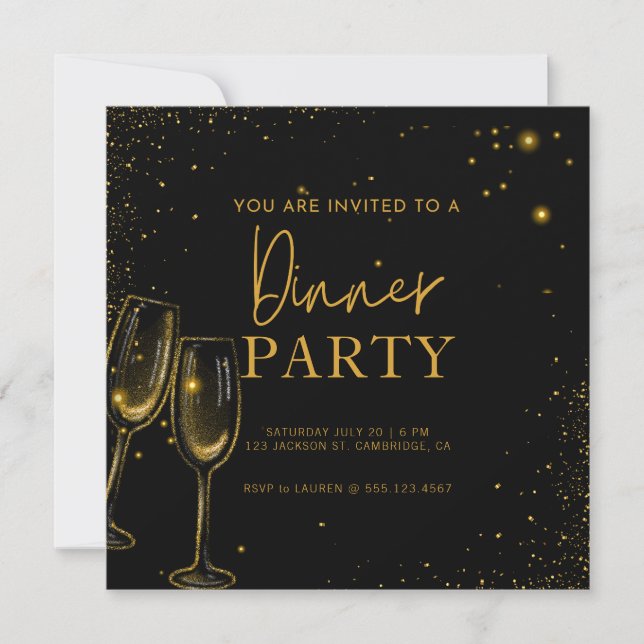 Elegant Sparkle Dinner Party Gold Black   Invitation (Front)