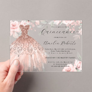 Elegant Sparkle Dress Rose Gold Quinceanera Acrylic Invitations