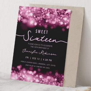 Elegant Sparkle Lights Sweet Sixteen Hot Pink Invitation