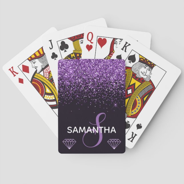 Elegant Sparkle Purple Glitter Monogram Playing Cards (Back)