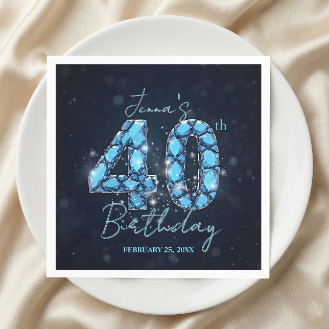Elegant Sparkle Teal Blue Gemstone 40th Birthday Napkin (Creator Uploaded)