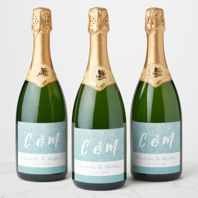 Elegant Sparkle Turquoise Glitter Wedding Sparkling Wine Label (Bottles)