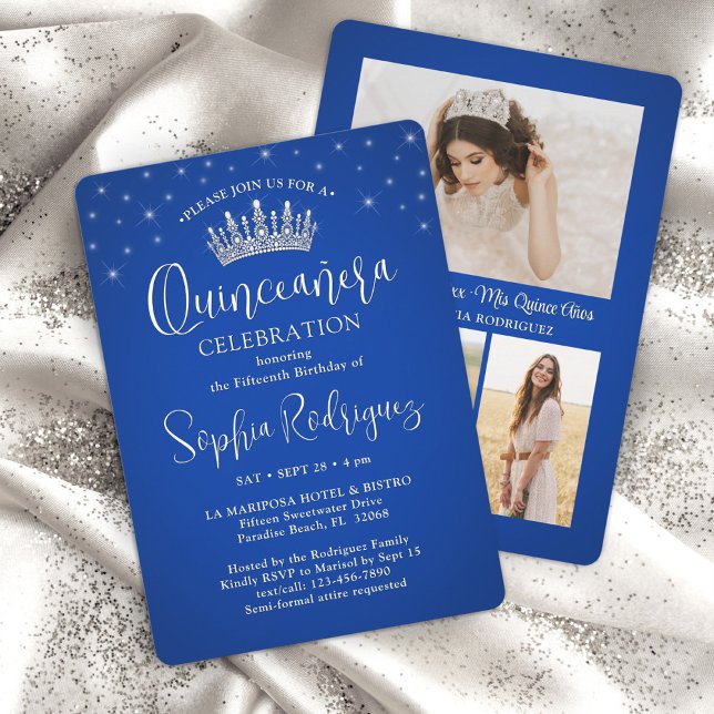 Elegant Sparkles Quinceañera 3 Photo Royal Blue Invitation (Creator Uploaded)